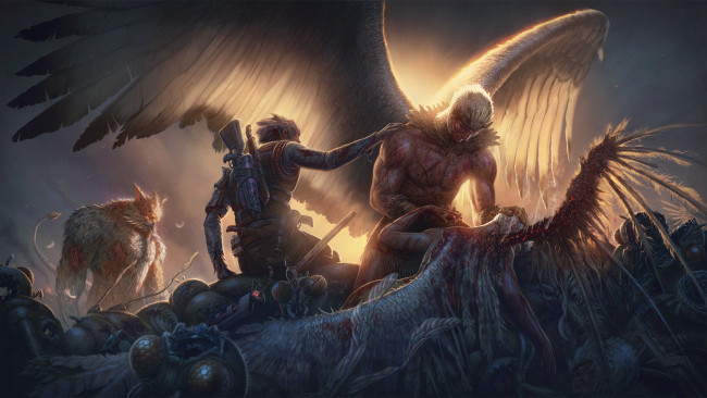 Обои картинки фото фэнтези, ангелы, мужчины, фон, оружие, крылья