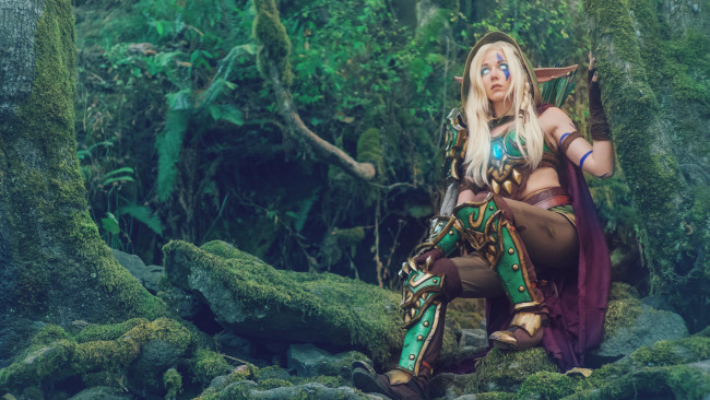 Обои картинки фото разное, cosplay , косплей, мох, камни, лес, уши, эльф
