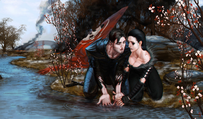 Обои картинки фото рисованное, комиксы, мужчина, девушка, речка, фон