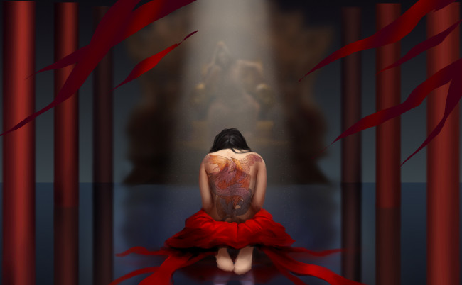 Обои картинки фото рисованное, комиксы, тату, фон, девушка