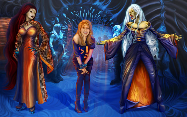 Обои картинки фото фэнтези, существа, улыбка, взгляд, фон, девушки