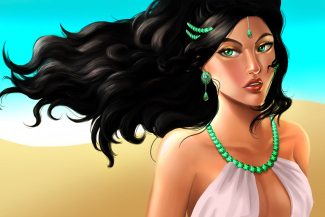Обои картинки фото рисованное, люди, девушка, фон, взгляд, украшения
