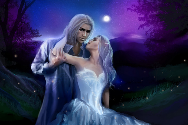 Обои картинки фото фэнтези, эльфы, девушка, луна, фон, мужчина
