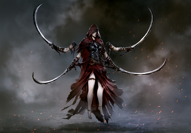 Обои картинки фото фэнтези, существа, сабля, фон, руки, девушка