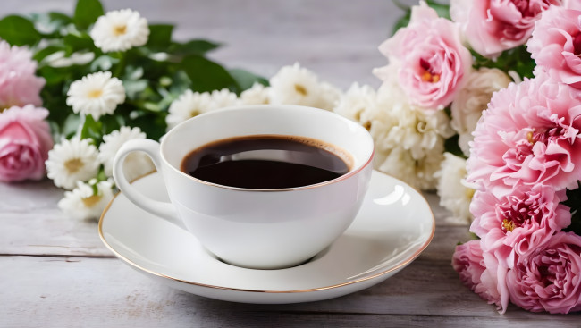 Обои картинки фото еда, кофе,  кофейные зёрна, цветы, чашка, блюдце