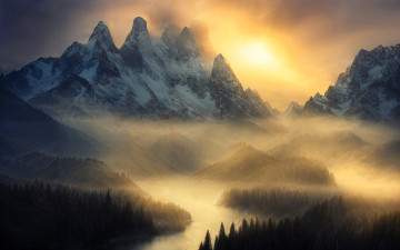 Картинка 3д+графика природа+ nature горы снег закат туман река лес