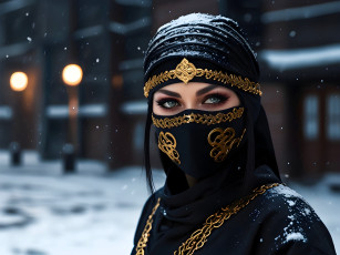 Картинка 3д+графика люди+ people девушка наряд глаза снег здание город