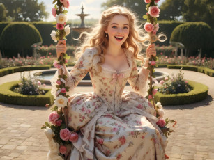 Картинка нейросеть 3д+графика люди+ people девушка блондинка макияж улыбка серёжки бантик платье цветы розы качель боке парк