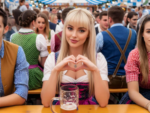 Картинка нейросеть 3д+графика люди+ people девушка блондинка заколка макияж серёжки цепочка кулон платье ремешок кружка пиво люди отдых праздник актоберфест германия