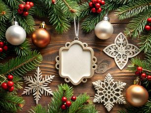 обоя праздничные, украшения, ёлка, ветки, ягоды, шарики, снежинки, медальон