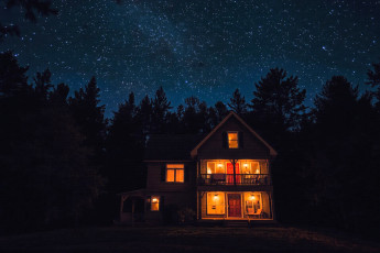 Картинка 3д+графика архитектура+ architecture дом особняк деревья кусты ночь звезды дорожка свет