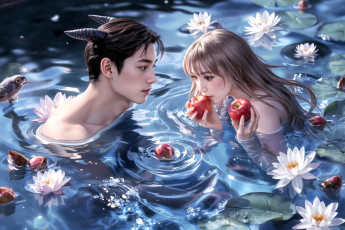 Картинка 3д+графика фантазия+ fantasy парень девушка рога вода цветы яблоки
