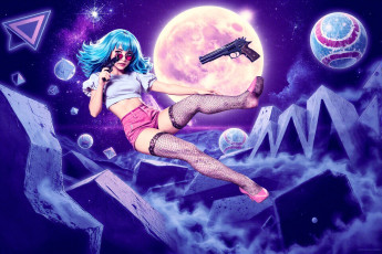 Картинка 3д+графика люди+ people девушка топ очки шорты чулки пистолеты луна фигуры