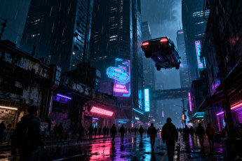 Картинка 3д+графика научная+фантастика+ science+fiction город киберпанк неон улица лужи люди