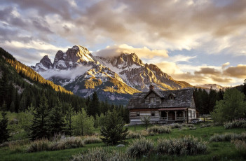 Картинка 3д+графика природа+ nature горы облака лес деревья дом