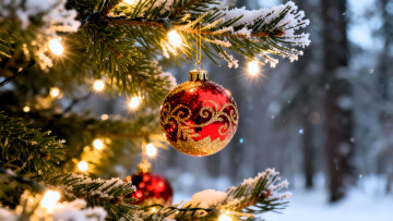 Картинка праздничные шары лес снег зима ёлка гирлянда украшения шарики
