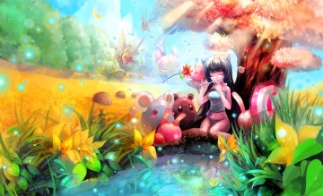 обоя видео игры, ether saga online, лес, поляна, цветы, существа, озеро, девочка