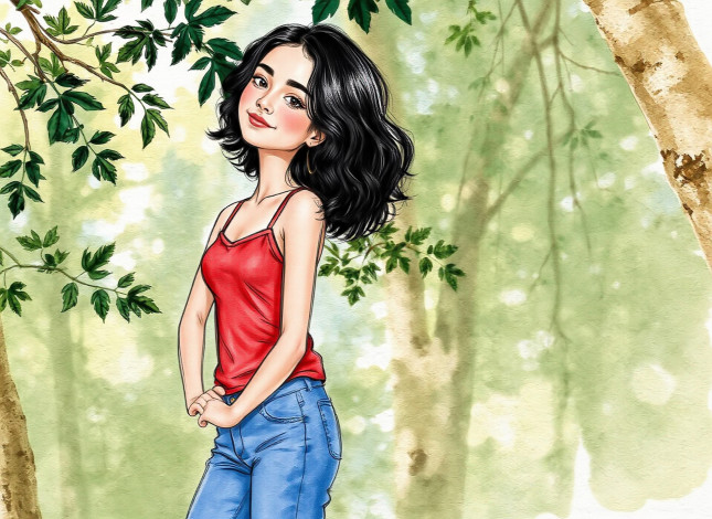 Обои картинки фото рисованное, люди, девушка, брюнетка, майка, джинсы, лес