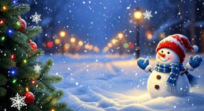 Обои картинки фото праздничные, снеговики, снеговик, ёлка, снежинки, снег, фонари