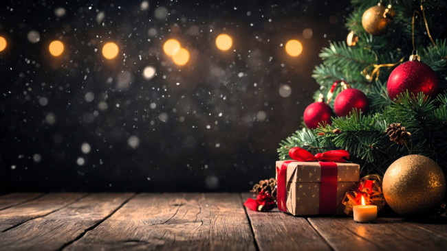 Обои картинки фото праздничные, ёлки, ёлка, украшения, шары, свеча, шишки, подарки, блики