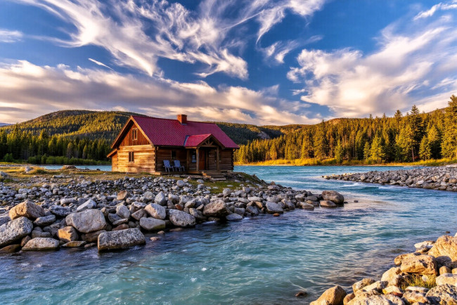 Обои картинки фото 3д графика, архитектура , architecture, дом, река, камни, лес, деревья, горы, облака