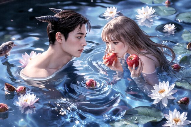 Обои картинки фото 3д графика, фантазия , fantasy, парень, девушка, рога, вода, цветы, яблоки