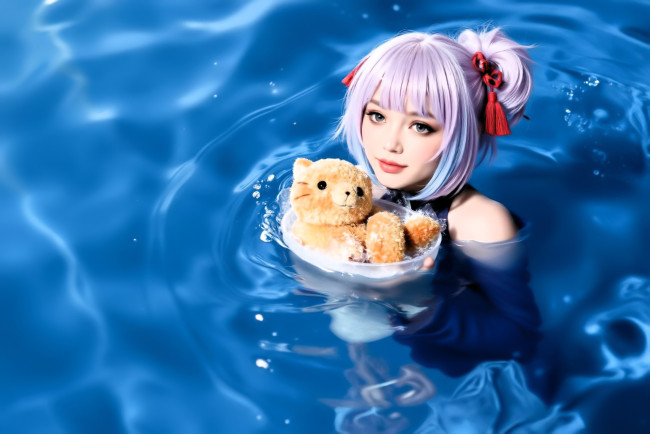 Обои картинки фото 3д графика, люди , people, девушка, одежда, мишка, игрушка, вода