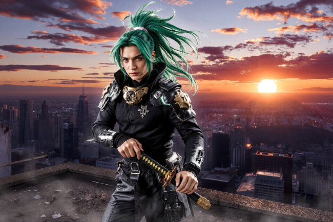 Обои картинки фото 3д графика, люди , people, парень, наряд, оружие, крыша, город, панорама, закат