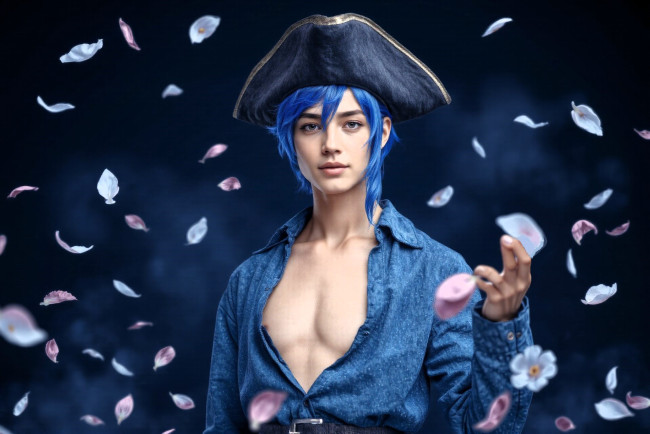 Обои картинки фото 3д графика, люди , people, парень, шляпа, рубашка, грудь, лепестки