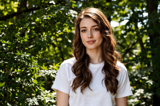 Обои картинки фото 3д графика, люди , people, шатенка, футболка, лес, деревья