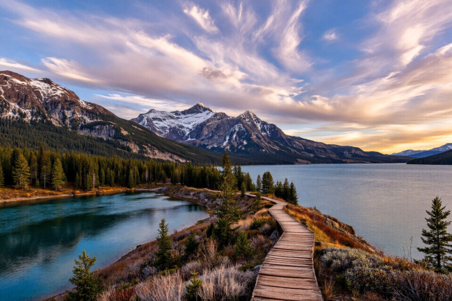 Обои картинки фото 3д графика, природа , nature, горы, облака, лес, деревья, озера, дорожка