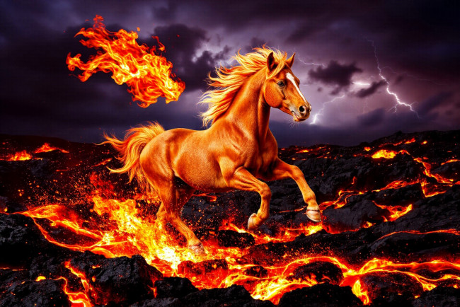 Обои картинки фото 3д графика, животные , animals, лошадь, огонь, лава, тучи, молния