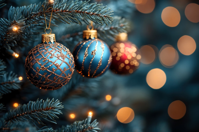 Обои картинки фото праздничные, шары, ёлка, ветки, шарики, блики