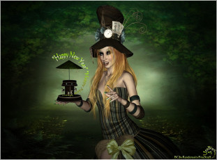 Картинка 3д графика holidays праздники часы шляпа девушка