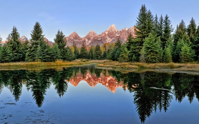 Обои картинки фото природа, реки, озера, вода, отражение, озеро, горы, ель, лес, деревья, гладь