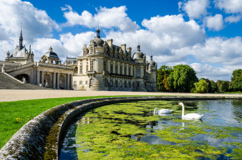 Картинка города замки+франции парк пруд лебеди дорога дворец