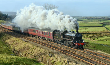 Картинка техника паровозы состав паровоз железка насыпь равнина пассажирский дым