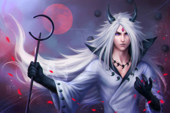 Картинка фэнтези существа луна небо взгляд посох мудрец мадара учиха парень арт