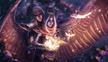 Картинка фэнтези ангелы арт парень крылья девушка любовь пара vengeful spirit shendelzare dota 2 skywrath mage dragonus