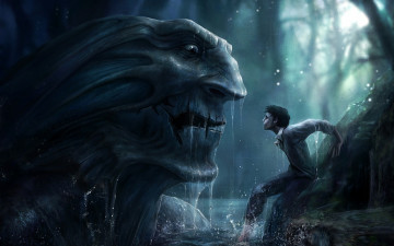 Картинка фэнтези существа лес вода водяной парень брызги озеро фентези арт