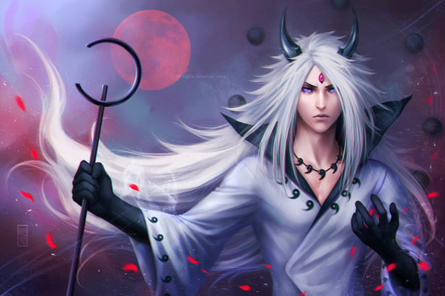 Обои картинки фото фэнтези, существа, луна, небо, взгляд, посох, мудрец, мадара, учиха, парень, арт