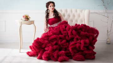 Картинка девушки -unsort+ брюнетки темноволосые красное пышное платье красивая девушка