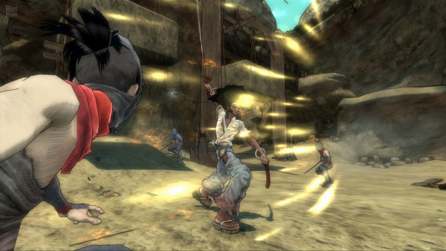 Обои картинки фото видео игры, afro samurai, бой, скалы