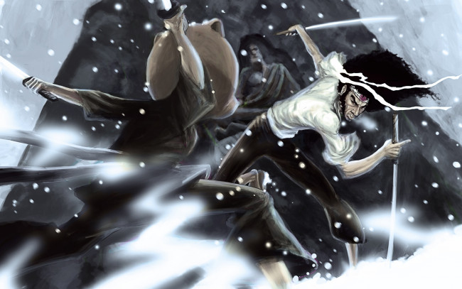 Обои картинки фото видео игры, afro samurai, самурай, бой, снег