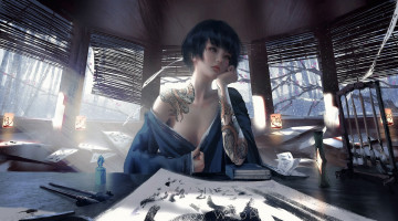 обоя фэнтези, _ghost blade ,  призрачный клинок, девушка, тату, рисунок