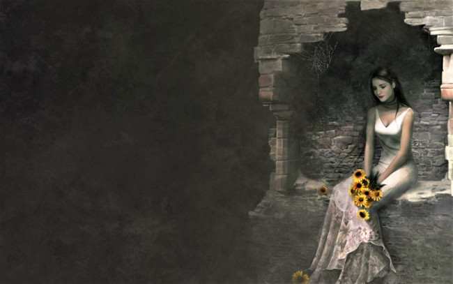 Обои картинки фото рисованное, люди, девушка, платье, цветы, ниша