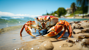 Картинка 3д+графика животные+ animals взгляд берег краб морской клешни ии-арт нейросеть