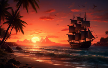 обоя корабли, 3d, море, небо, вода, облака, корабль, парусник, паруса, водоем