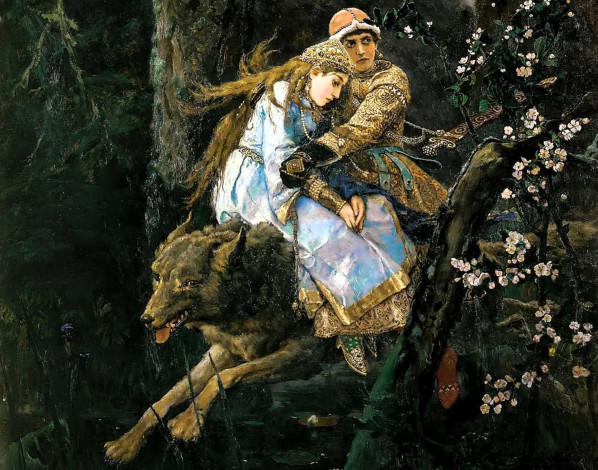 Обои картинки фото рисованное, виктор васнецов, иван-царевич, серый, волк, елена, лес