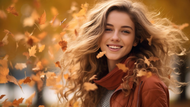 Обои картинки фото 3д графика, люди , people, осень, белый, взгляд, девушка, природа, лицо, улыбка, парк